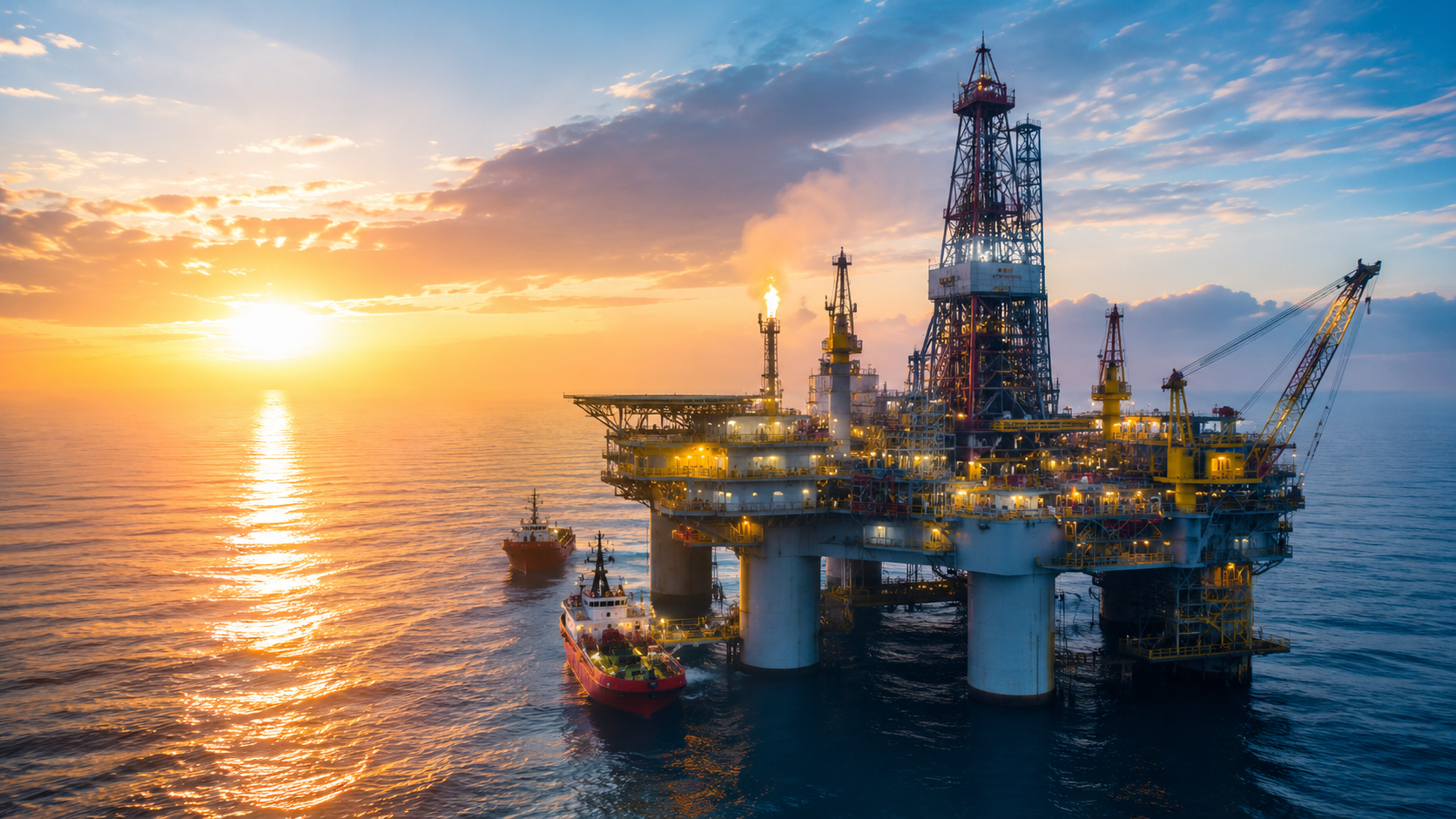 Offshore oil platform at sunset